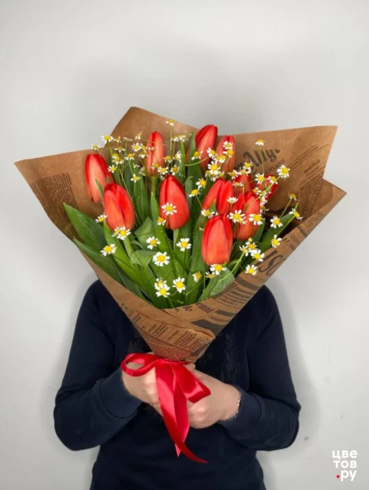 11 красных тюльпанов с ромашкой